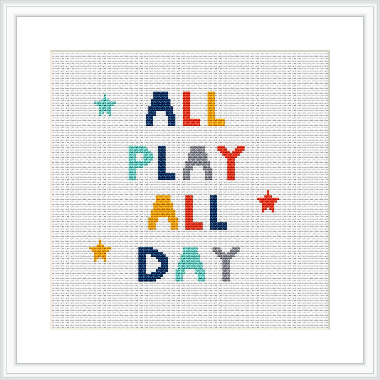 The image features the phrase 'ALL PLAY ALL DAY' in multicolored block letters, centered on a white fabric. Stars in matching colors are scattered around the text.