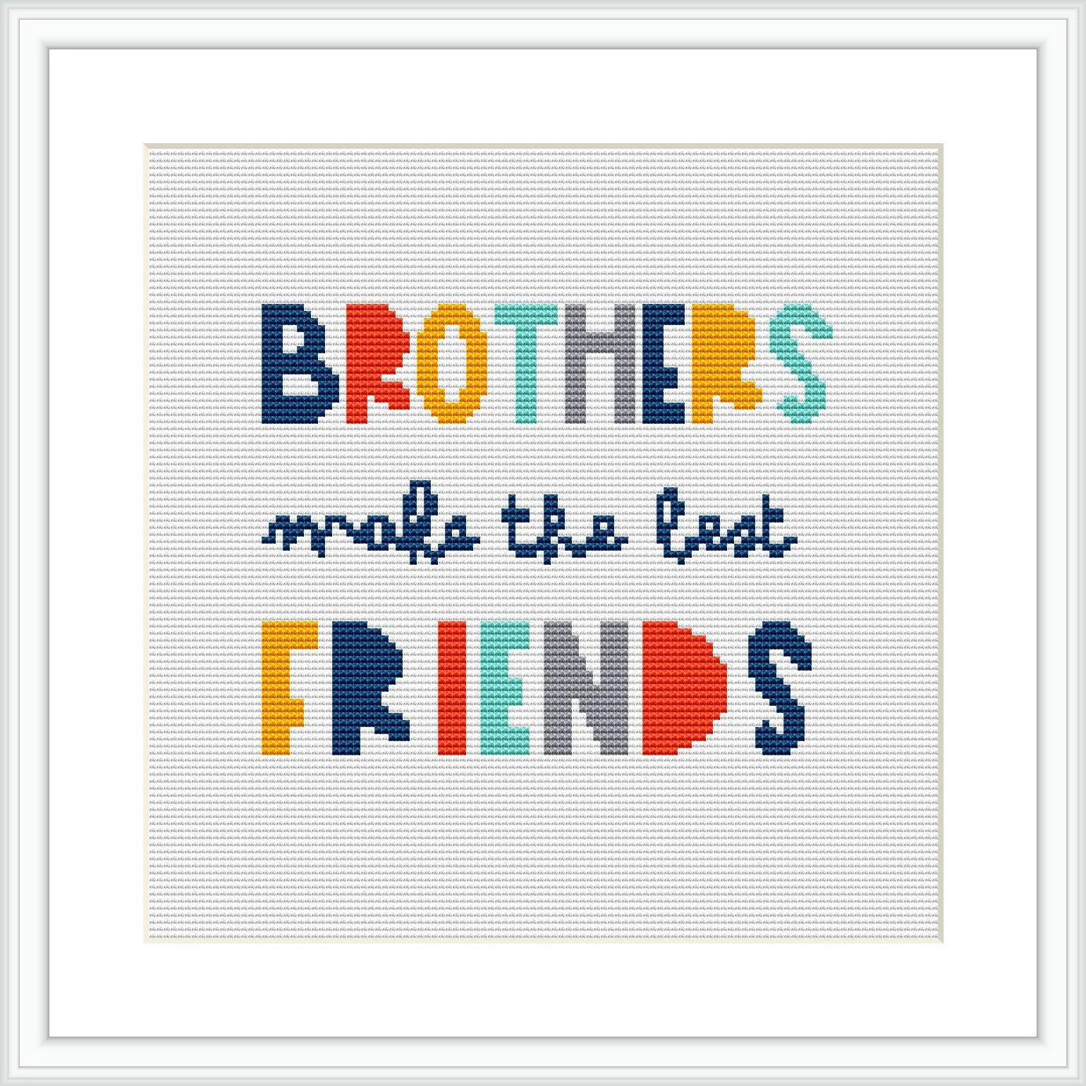 The image displays a framed cross stitch pattern with the words 'BROTHERS make the best FRIENDS' in capitalized, block letters of various colors on a white aida cloth.