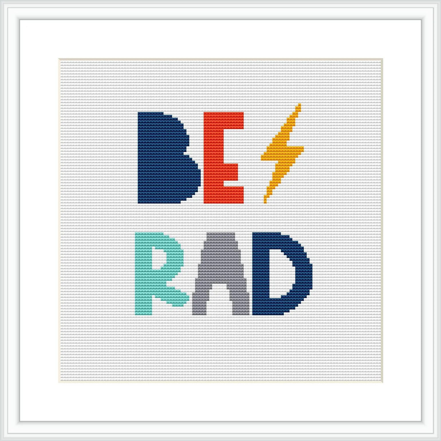 The image displays a framed cross stitch pattern featuring the phrase 'BE RAD' with each letter in a different bold color. The letter 'E' is replaced with a lightning bolt in a contrasting color.