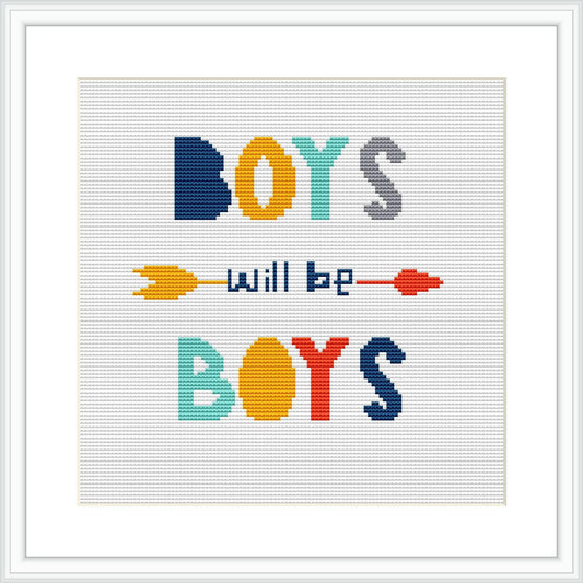 The image features the phrase 'BOYS will be BOYS' stitched in block capitals, with 'BOYS' in larger blue-toned letters and 'will be' in smaller black stitching. Two colorful rocket motifs flank the central text.