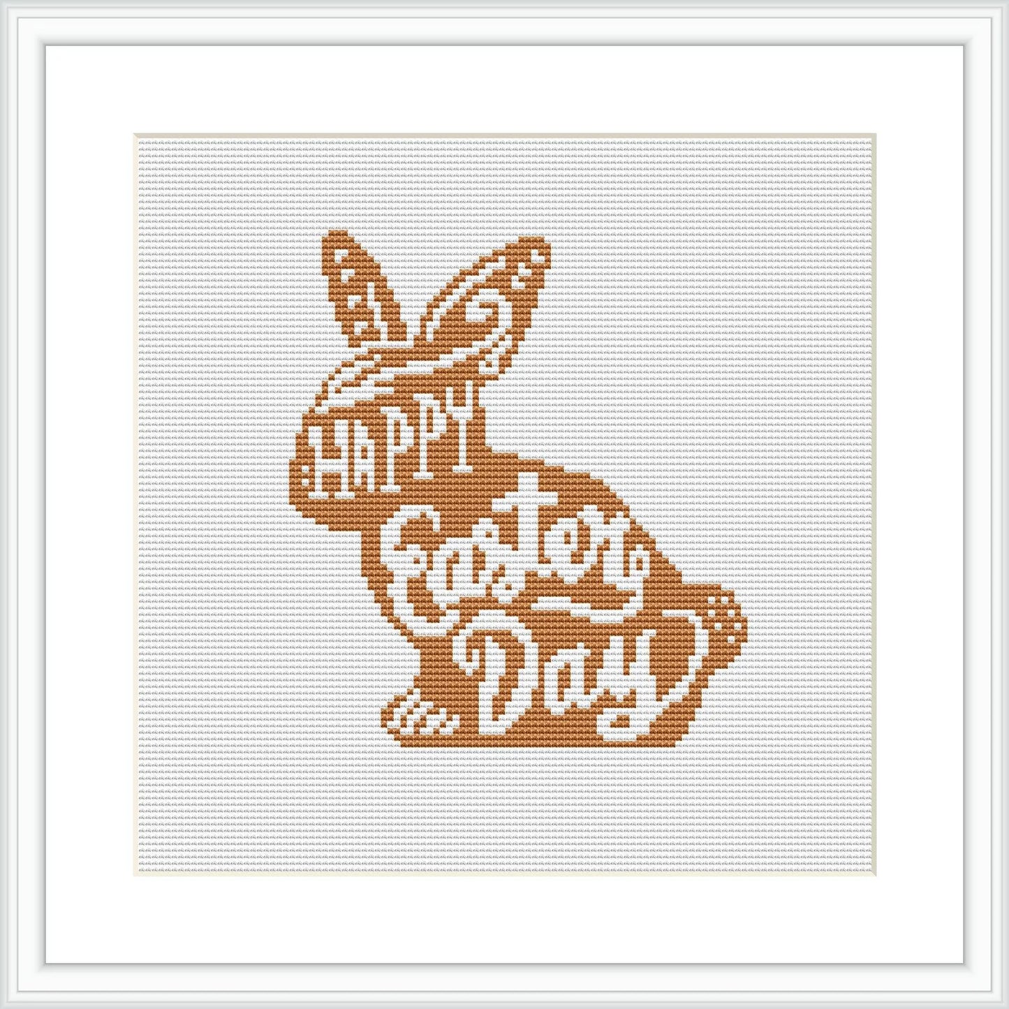 The image displays a cross stitch pattern featuring a bunny silhouette with the words 'HAPPY Easter DAY' inside it. The pattern uses shades of brown and is framed on a white canvas within a square frame.