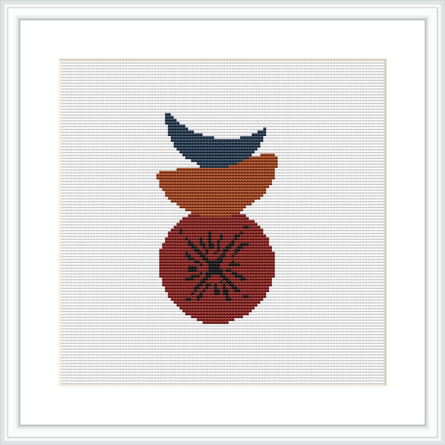 The image shows a cross stitch pattern framed in white, depicting a stylized celestial vase with star-like patterns, in navy blue atop a larger burnt orange vase-like shape, all set against a white canvas.