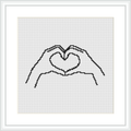 The image shows a simple line drawing of two hands forming a heart shape centered on a white background, framed in a classic square frame.