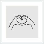 The image shows a simple line drawing of two hands forming a heart shape centered on a white background, framed in a classic square frame.