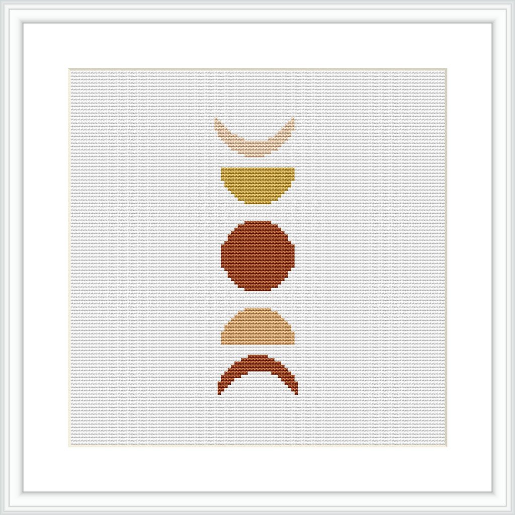 The image features an abstract cross stitch pattern consisting of four geometric shapes aligned vertically. These shapes resemble a modernist composition, featuring clean lines and a simplistic aesthetic. The piece is framed, showcasing the art against a background of white aida cloth.