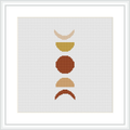 The image features an abstract cross stitch pattern consisting of four geometric shapes aligned vertically. These shapes resemble a modernist composition, featuring clean lines and a simplistic aesthetic. The piece is framed, showcasing the art against a background of white aida cloth.