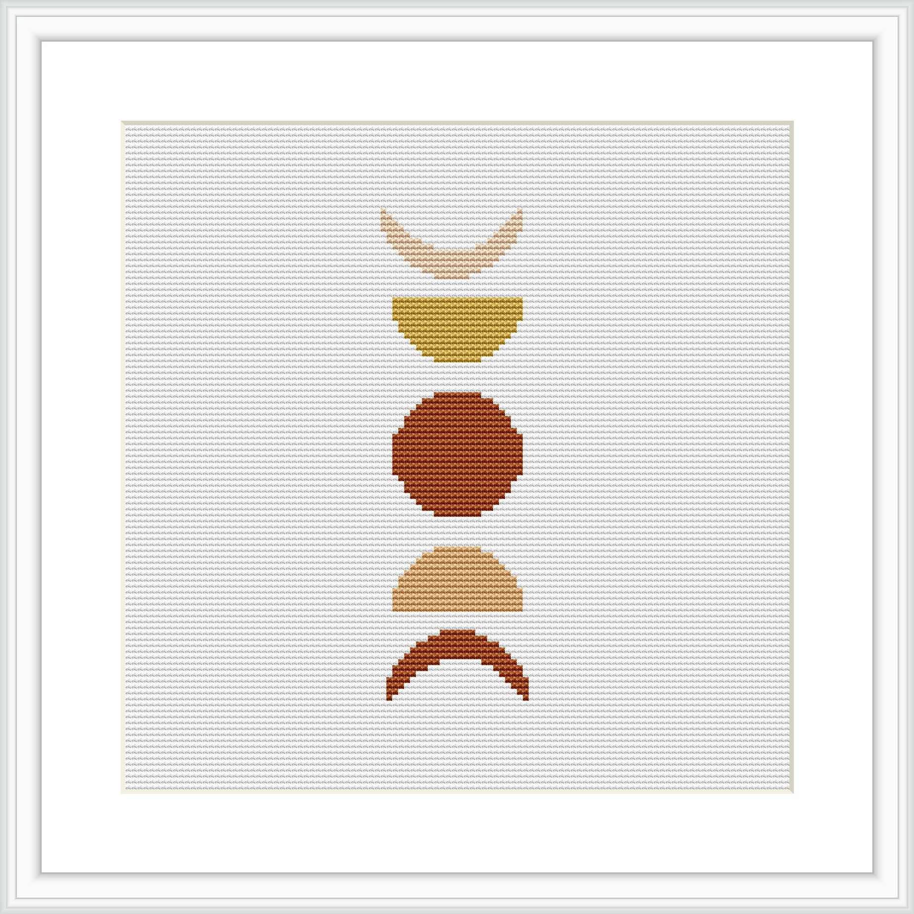 The image features an abstract cross stitch pattern consisting of four geometric shapes aligned vertically. These shapes resemble a modernist composition, featuring clean lines and a simplistic aesthetic. The piece is framed, showcasing the art against a background of white aida cloth.