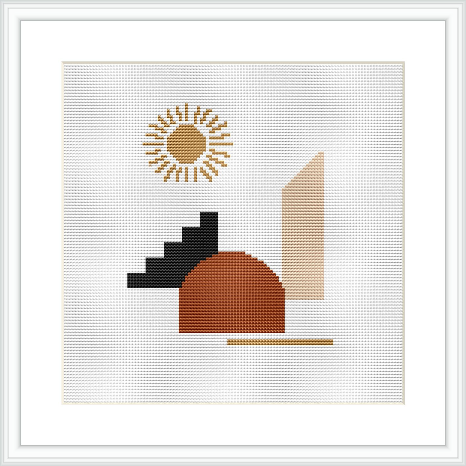 This cross stitch design features an abstract geometric pattern. It includes a semi-circle in rust color, a flight of stairs in black, a beige-colored rectangle standing upright, and a stylized sun with radiating golden lines.