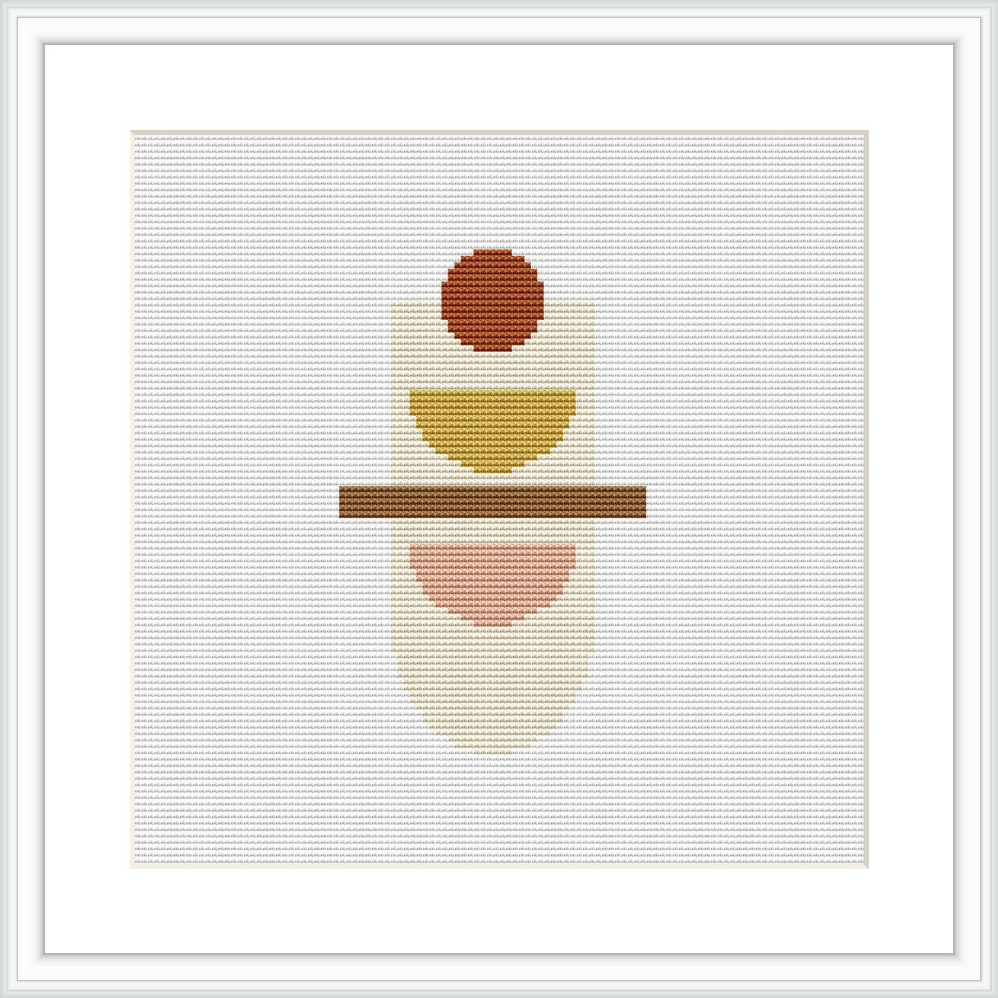 The image depicts a cross stitch pattern with geometric shapes, visually balanced on a horizontal line, positioned against a white background within a square frame.