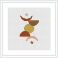 The image shows a framed cross stitch pattern design. It features abstract geometric shapes stacked centrally in a balanced composition. The shapes are filled with flat color blocks in a neutral and earthy palette.