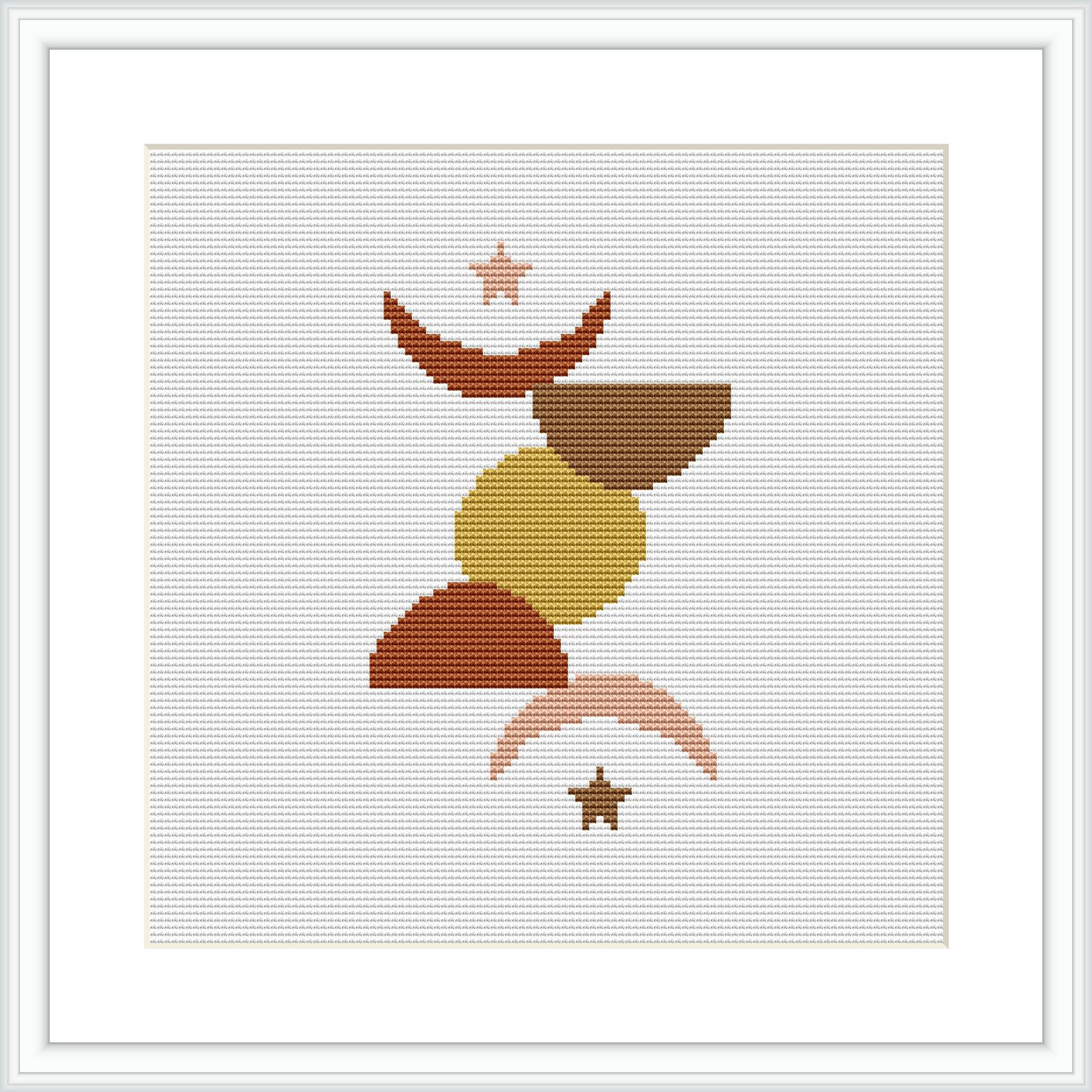 The image shows a framed cross stitch pattern design. It features abstract geometric shapes stacked centrally in a balanced composition. The shapes are filled with flat color blocks in a neutral and earthy palette.