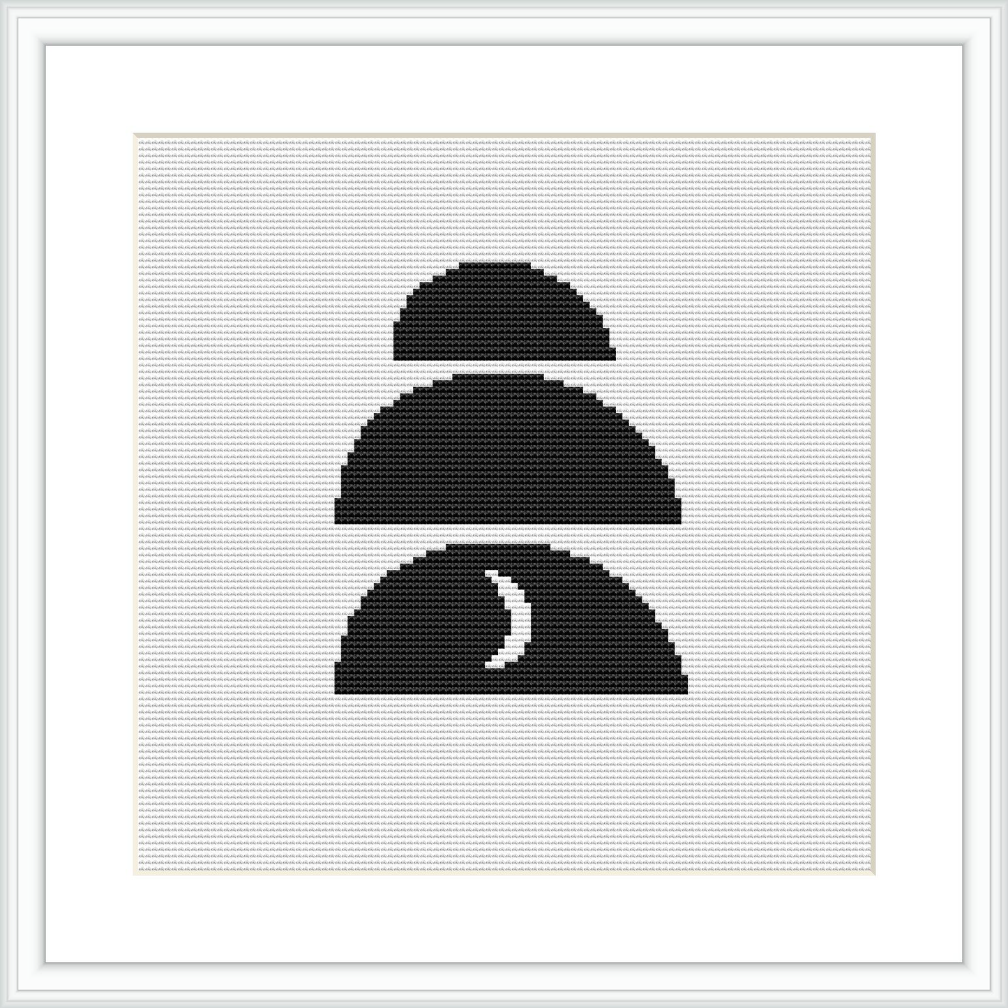 The image features a cross stitch pattern with three overlapping arcs in black color on a white background. It's framed and ready for display.