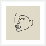 The image displays a single-color cross stitch pattern of a minimalist abstract line art of a human face, framed and mounted on a plain background.