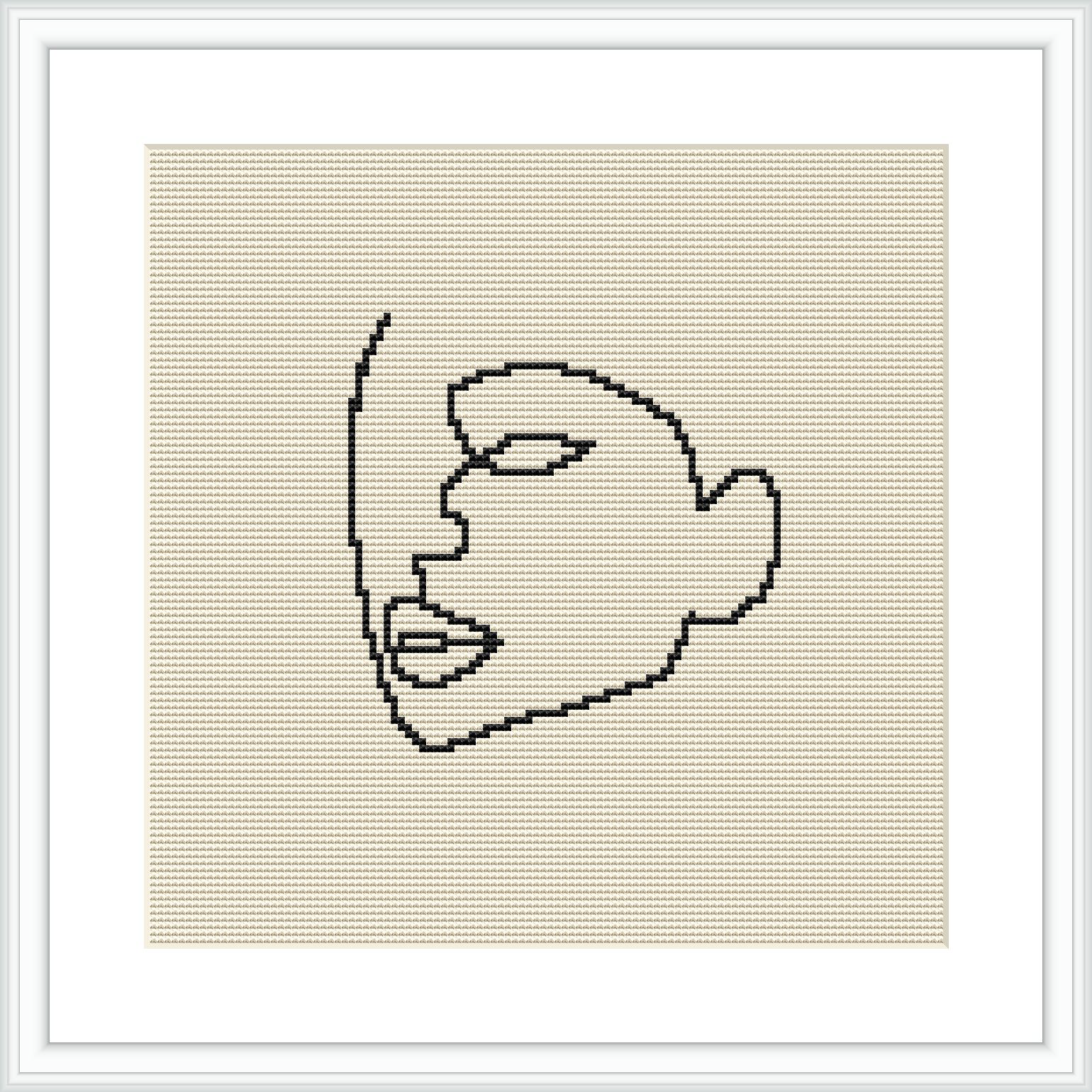 The image displays a single-color cross stitch pattern of a minimalist abstract line art of a human face, framed and mounted on a plain background.