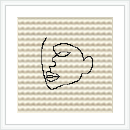 The image displays a single-color cross stitch pattern of a minimalist abstract line art of a human face, framed and mounted on a plain background.