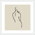 The image showcases a framed cross stitch pattern depicting a minimalist line art figure on a beige canvas.