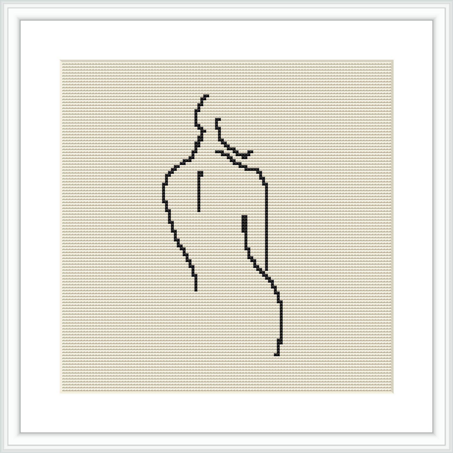 The image showcases a framed cross stitch pattern depicting a minimalist line art figure on a beige canvas.