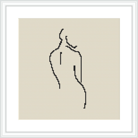 The image showcases a framed cross stitch pattern depicting a minimalist line art figure on a beige canvas.