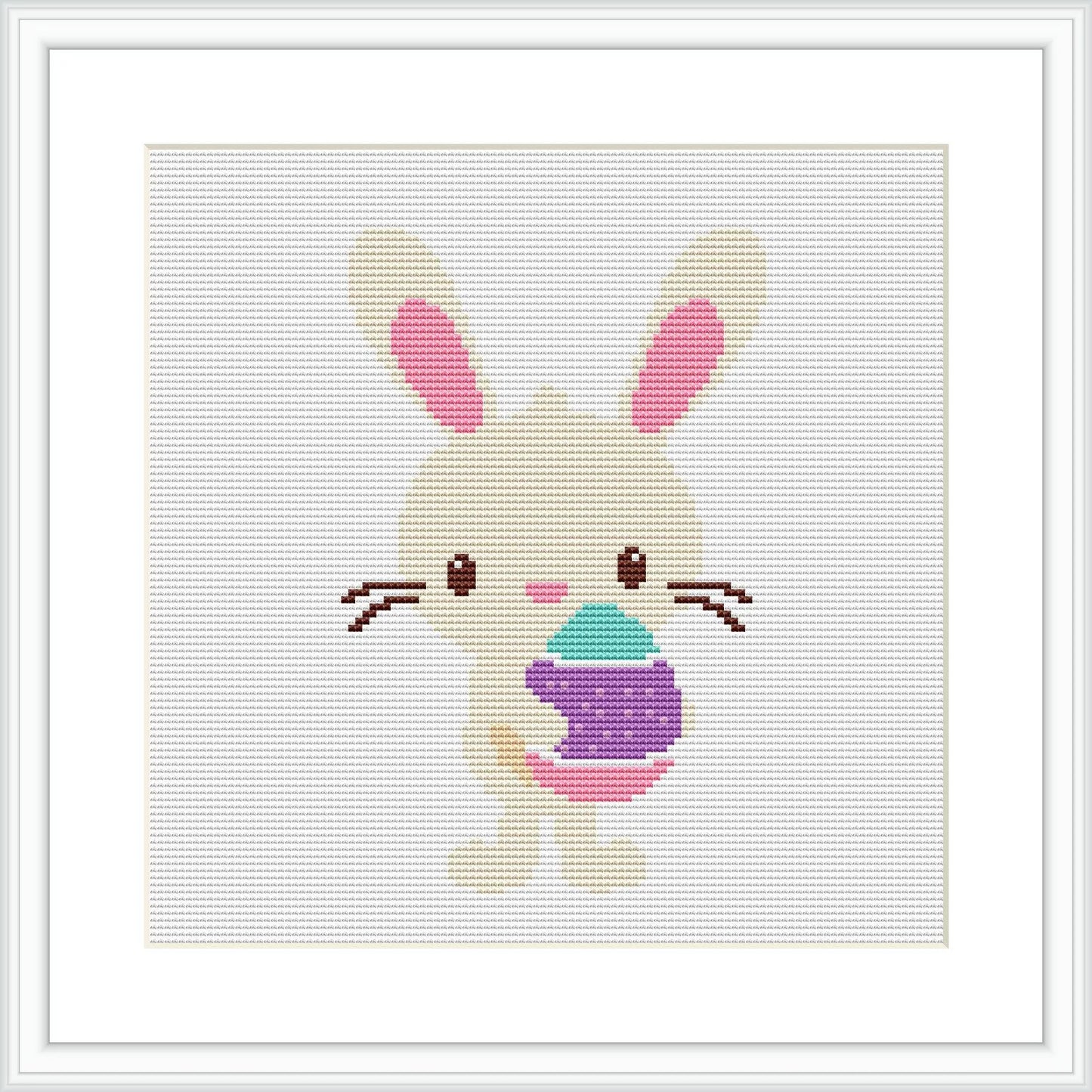 The image shows a framed cross stitch pattern of a cartoon-like bunny standing upright holding a multicolored Easter egg. The bunny is centered on a plain, white background.