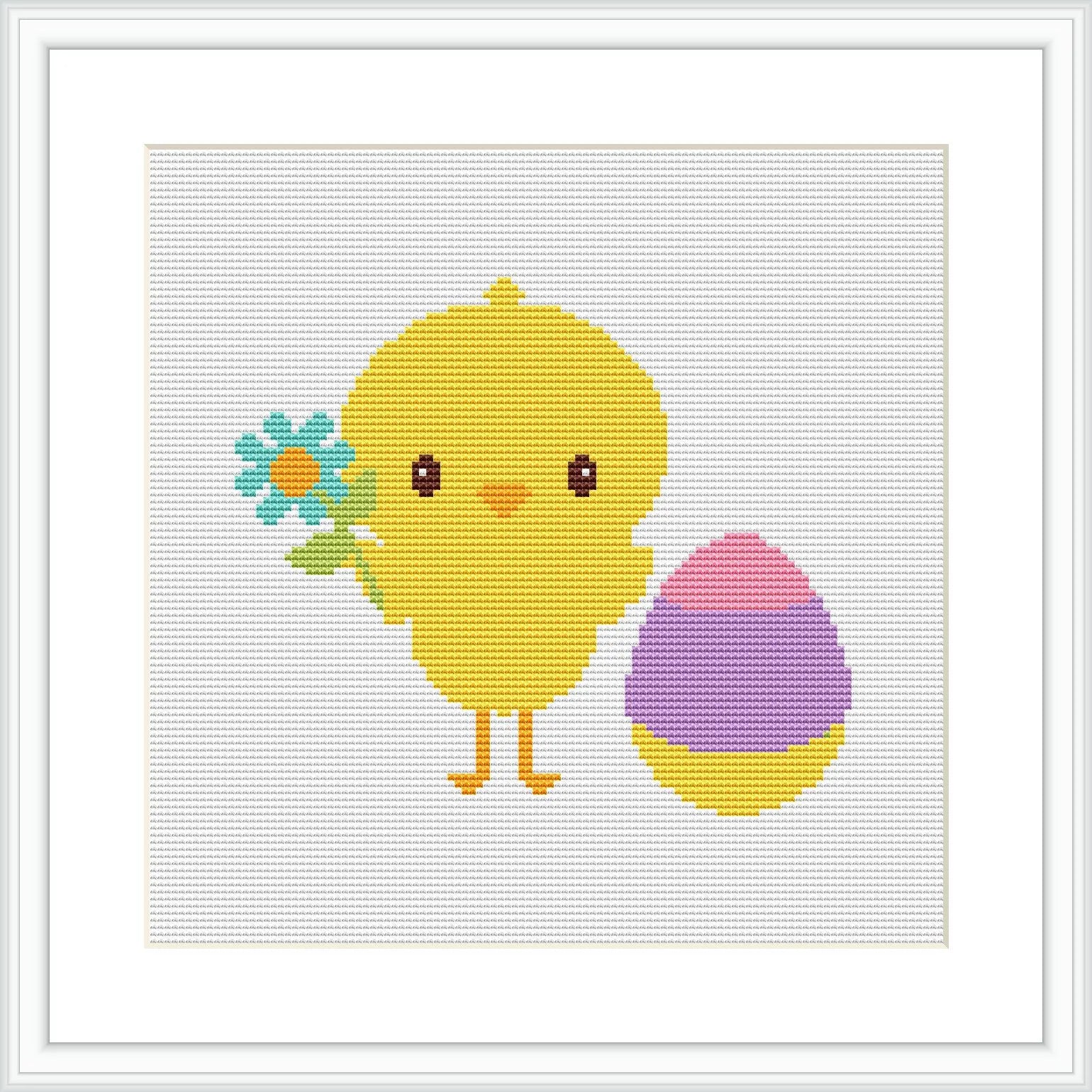 The image depicts a cross stitch pattern featuring a cartoon-like chick in yellow standing beside a multicolored Easter egg with purple at the base and pink at the top. The chick is holding a small bunch of blue flowers in one 'wing'. The pattern is displayed on a white background, simulated to represent aida cloth.