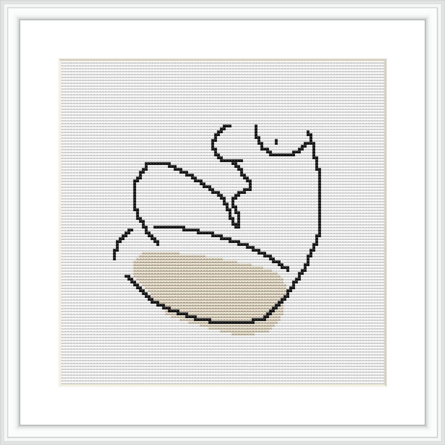 The image depicts an incomplete abstract cross stitch pattern, primarily consisting of curvilinear forms and lines. There's a large beige filled area and several outlines in black, all set against a white background within a framed canvas.