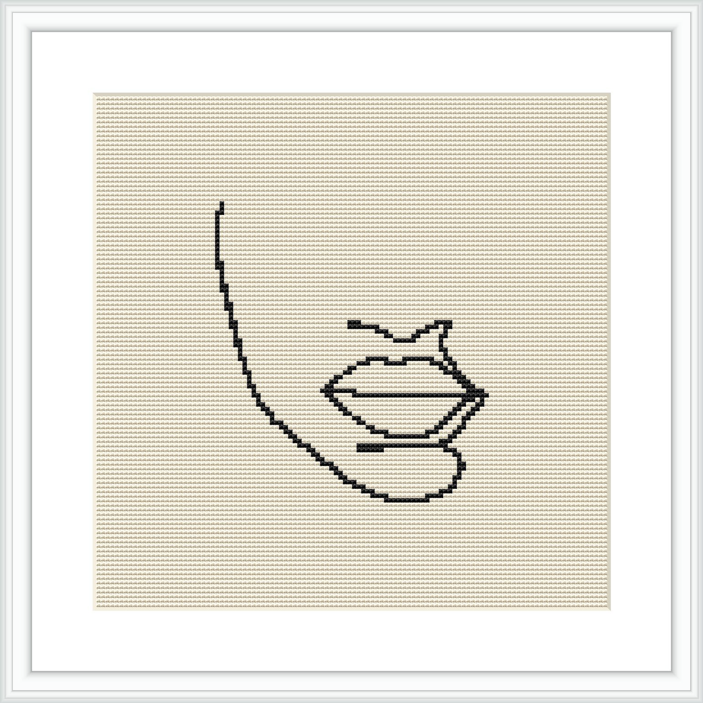 The image shows a framed cross stitch pattern of a minimalist design depicting an outline of lips. The stitches form a simple contour drawing on a plain, light-colored background.