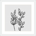 The image displays a cross stitch pattern of two plant sprigs which exhibit a minimalist and modern design. They are rendered in a monochrome color scheme, predominantly black on a white canvas. The pattern is framed, ready for display.