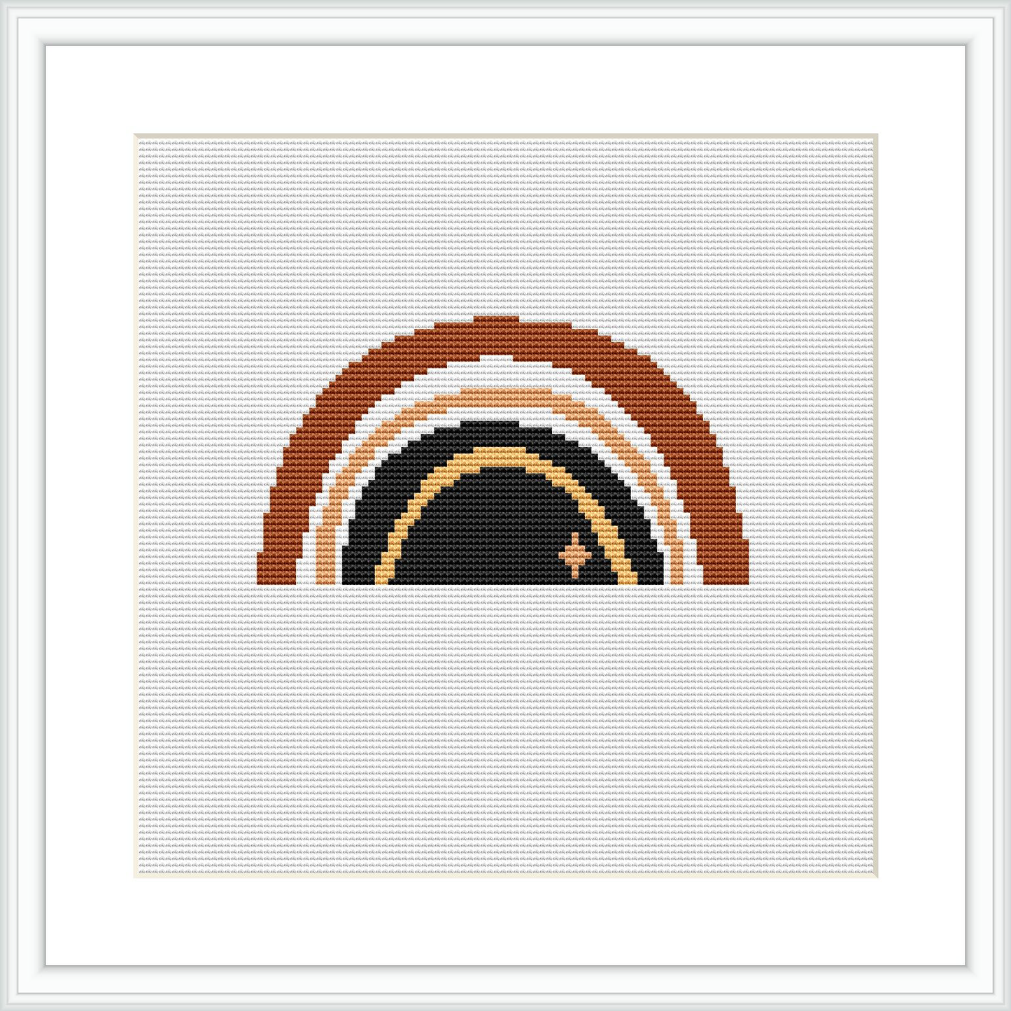 The image shows a cross stitch pattern framed in white, depicting an abstract design of a rainbow-like arc in shades of brown, cream, orange, and black, with a flat color appearance.