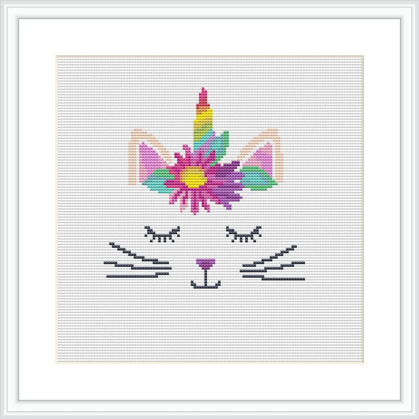 This is a cross stitch pattern design featuring a stylized image of a cat with a unicorn horn, the pattern is predominantly pastel colors with a rainbow gradient on the horn.