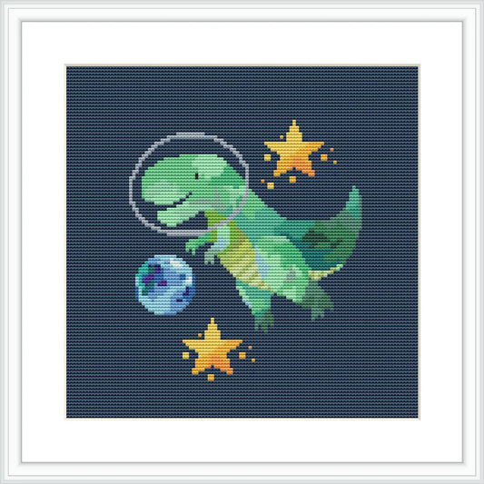 The image features a green dinosaur in space, wearing a clear space helmet, surrounded by yellow stars with a dark blue background simulating the night sky.