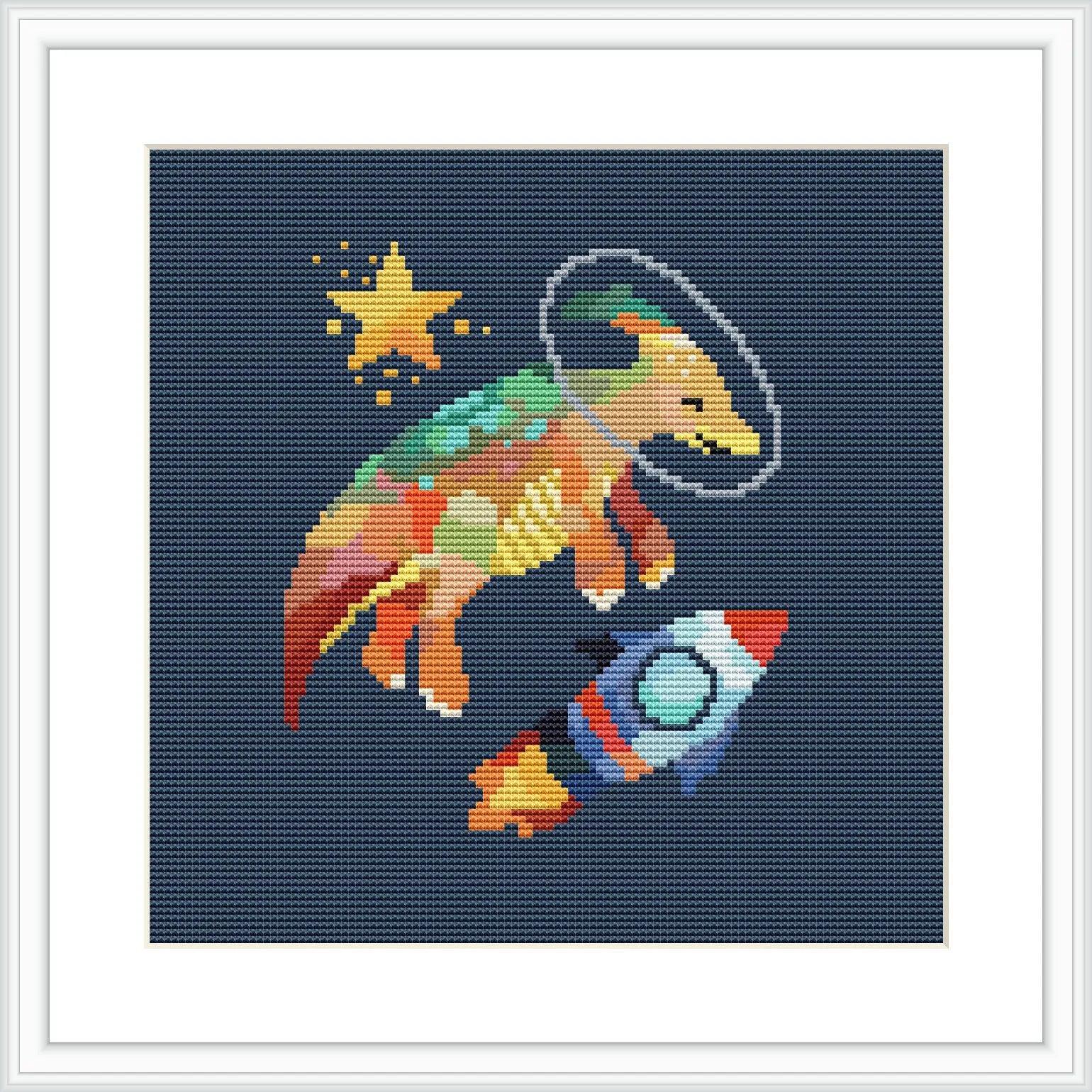 The image portrays a multicolored dinosaur wearing a space helmet floating in a dark blue space background with stars and a rocket ship.