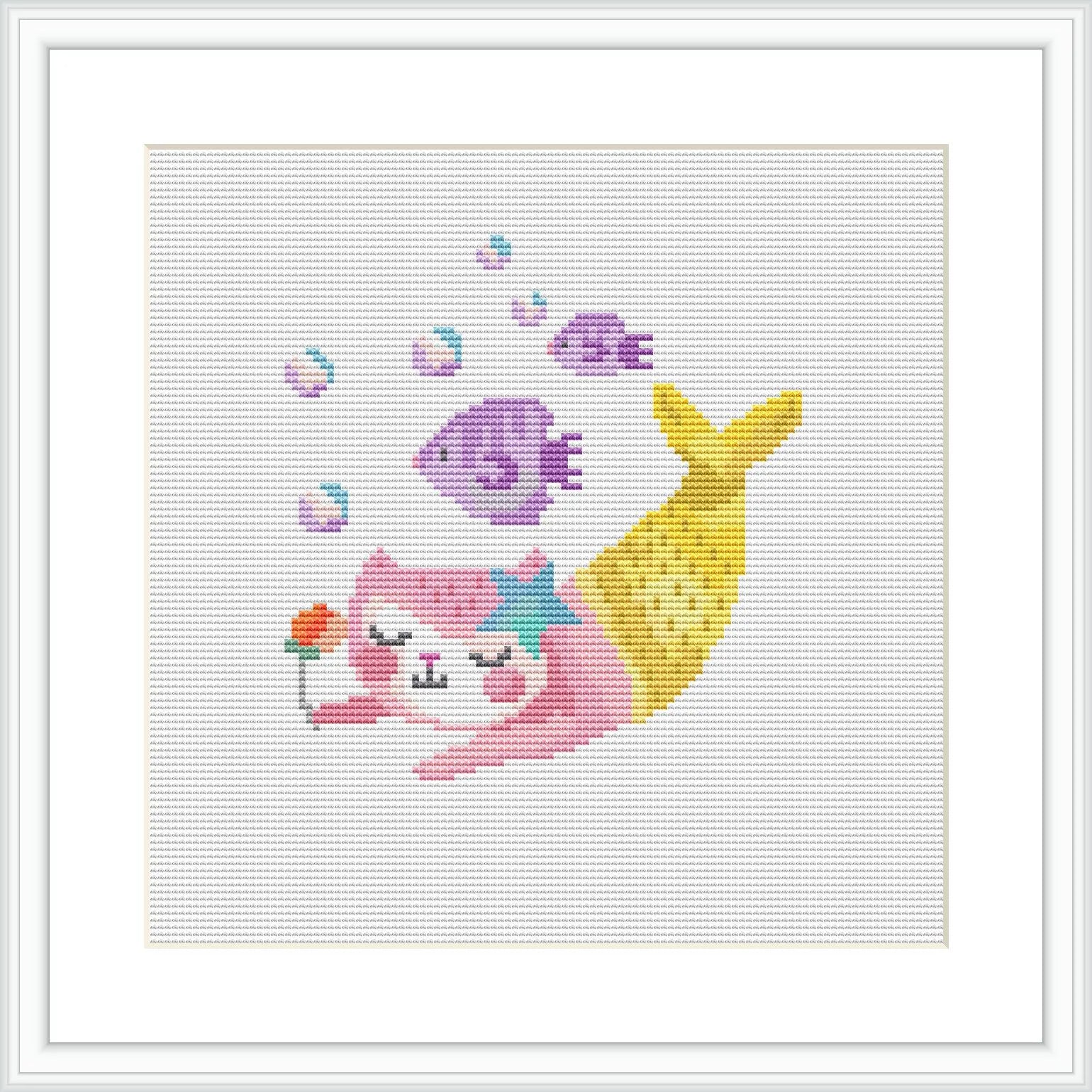 The image portrays a cross stitch pattern of a cat with mermaid features, including a fish tail, on a white canvas. There are colorful bubbles and fish surrounding the cat mermaid, with a predominance of pink and yellow hues.