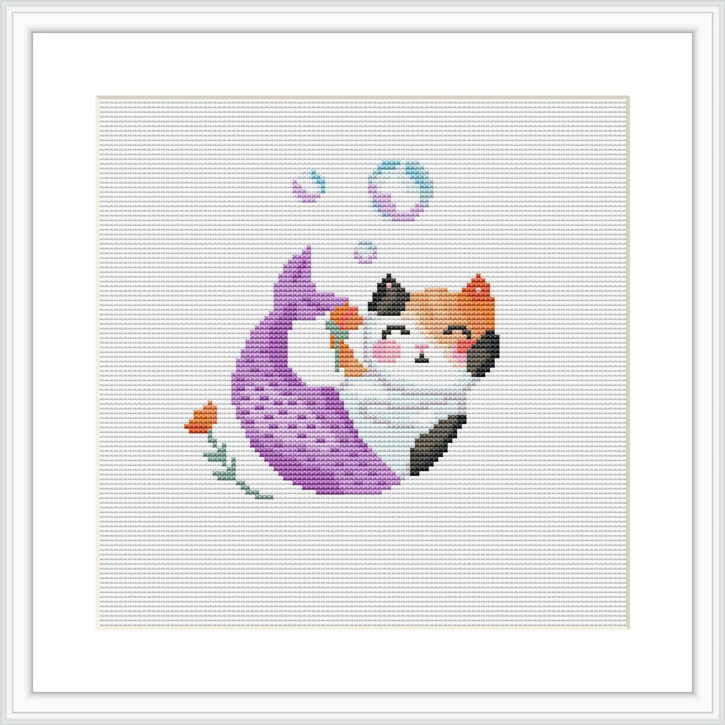 The image depicts a framed cross stitch design of a cat with a mermaid tail. The cat appears to be in the water with bubbles surrounding it, against a white background within a squared frame.