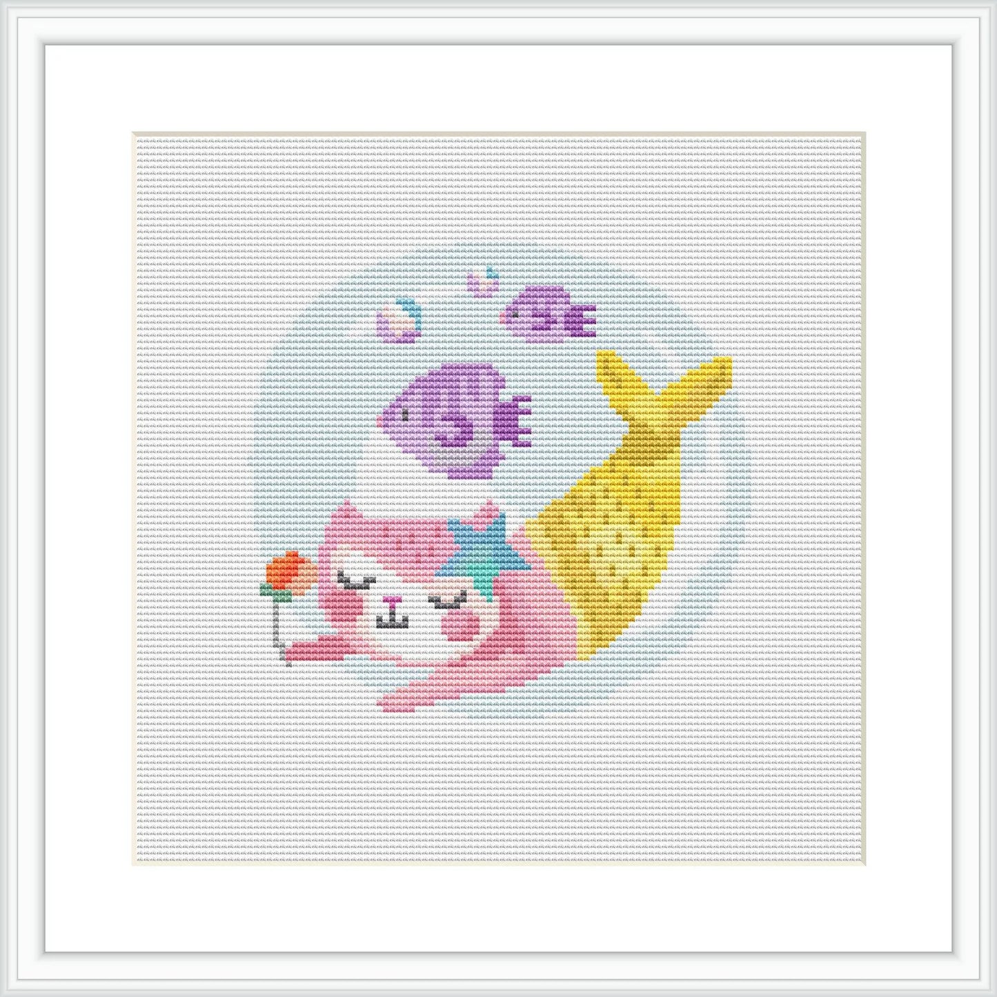 The image showcases a framed cross stitch pattern of a cat with a mermaid tail in the center, surrounded by a fish on the upper left and bubbles around it, on a plain white background.