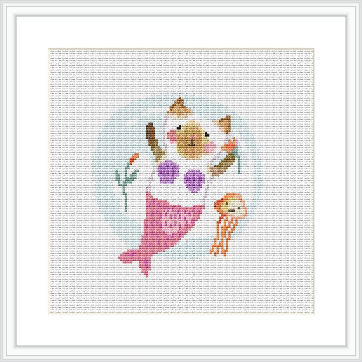 The image displays a framed cross stitch pattern of a cat with mermaid tail and fins, holding a seashell and a jellyfish, with a stylized underwater backdrop including bubbles and a coral branch.