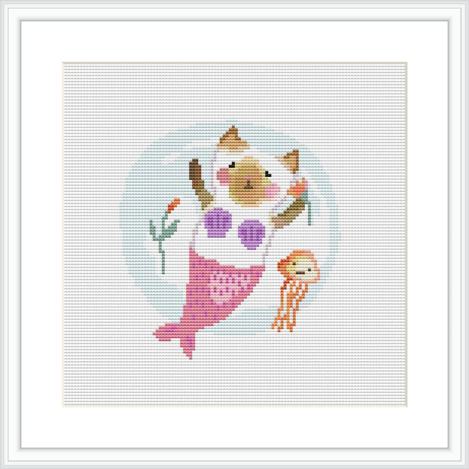 The image displays a framed cross stitch pattern of a cat with mermaid tail and fins, holding a seashell and a jellyfish, with a stylized underwater backdrop including bubbles and a coral branch.