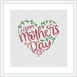 The image features a cross stitch pattern of a heart-shaped wreath composed of flowers and leaves, with the phrase 'Happy Mother's Day' in the center. The pattern is framed within a white square border and appears on a white background.