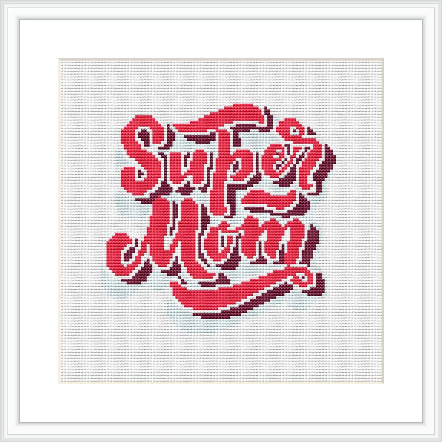 This cross stitch pattern features the words 'Super Mom' in a stylized script font with a three-dimensional shadow effect, centered on a white canvas within a square frame.