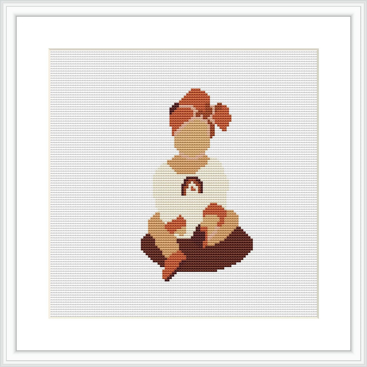 The image depicts a cross stitch pattern of a baby girl sitting with her legs crossed. She has brown hair styled with a top bun and wears a creamy white outfit. The background is blank, emphasizing the figure.