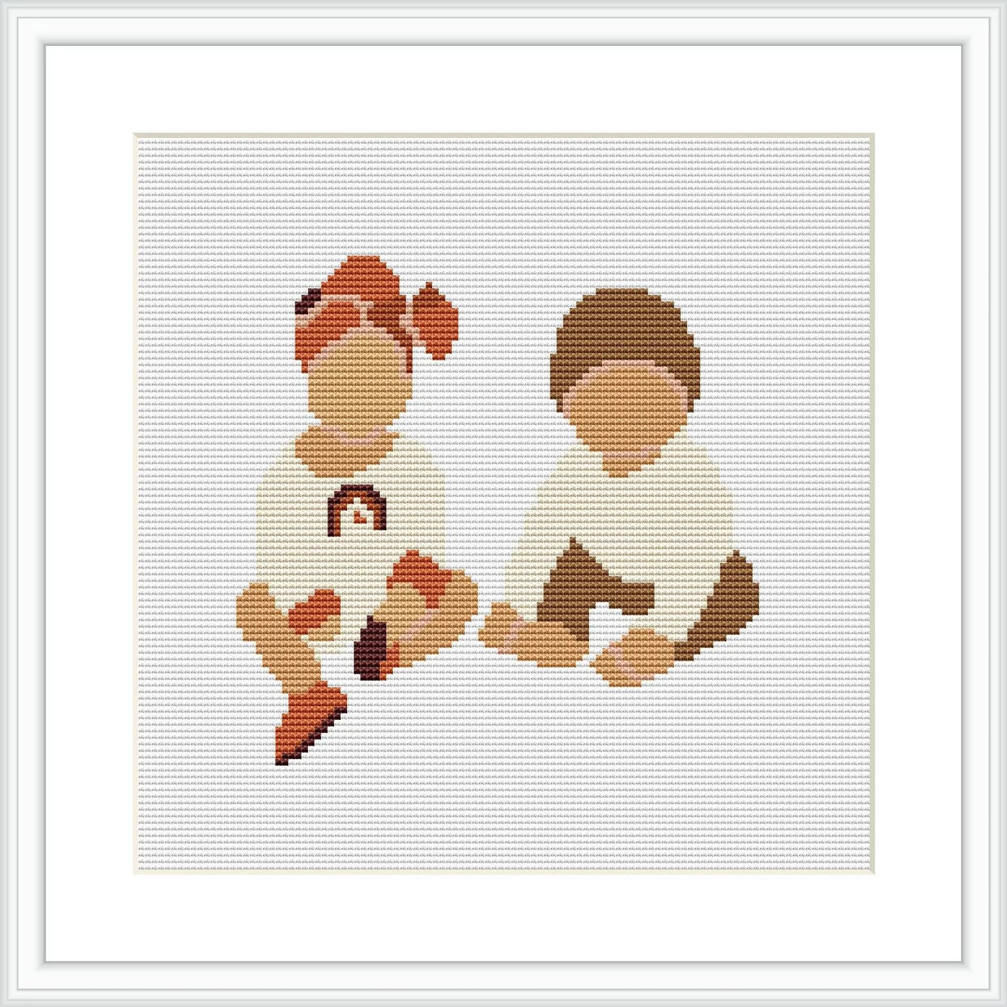 The image shows two children sitting opposite each other, seemingly engaged with a small object in the center. The pattern displays simplistic representations with minimal detail, focusing on the essence of the figures rather than their specific features.