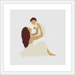 The image depicts an abstract representation of a mother holding a child in her arms, using a minimalist and abstract style with a focus on contouring.