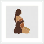 The image depicts a stylized side profile of a mother holding her child close to her chest in a loving embrace. The pattern uses a limited color palette to create the silhouette and outline of the figures against a simple, plain background.