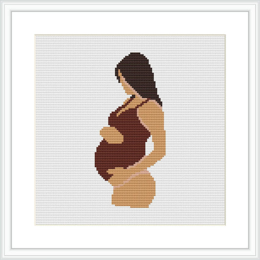 The image depicts a side profile of a pregnant woman cradling her belly. The design consists of pixelated blocks of color creating a silhouette on a white background with a minimalist style.