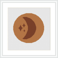 The image features a framed cross stitch pattern with a stylized depiction of a crescent moon and three small stars, centered within a geometric brown circle on an off-white canvas.