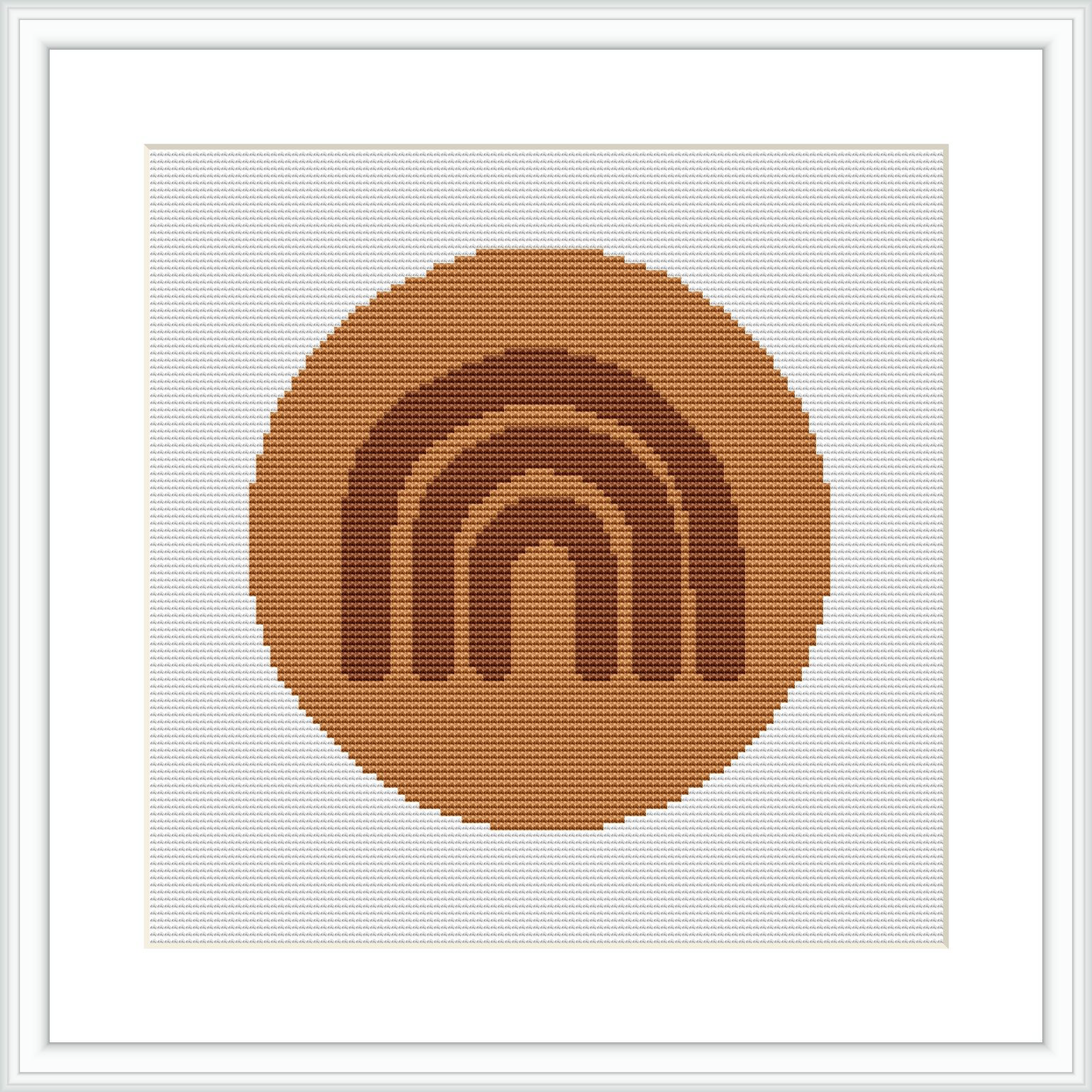 The image depicts a square cross stitch pattern featuring a monochromatic circular arc motif centered within a square frame. The design is composed of earthy brown shades against a white background.