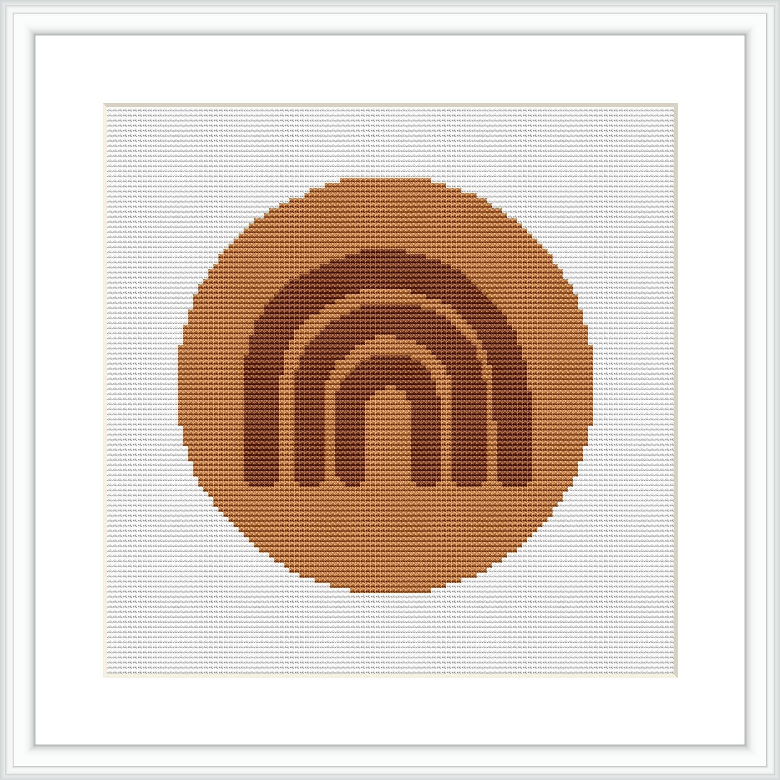 The image depicts a square cross stitch pattern featuring a monochromatic circular arc motif centered within a square frame. The design is composed of earthy brown shades against a white background.