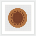 The image showcases a cross stitch pattern depicting an abstract, geometric circle centered on a white background, framed by a simple white frame.