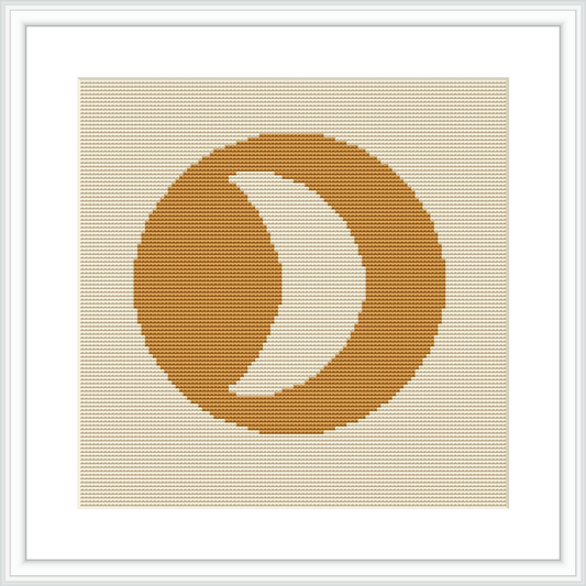 The image displays a framed cross stitch embroidery pattern consisting of a yellow and white crescent on a beige background, centered within a square canvas.