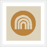 The image showcases a cross stitch pattern of geometric arches resembling a sunset, framed in white, against a solid beige background. Positioned centrally, the arches progress inward with shades of brown and yellow.