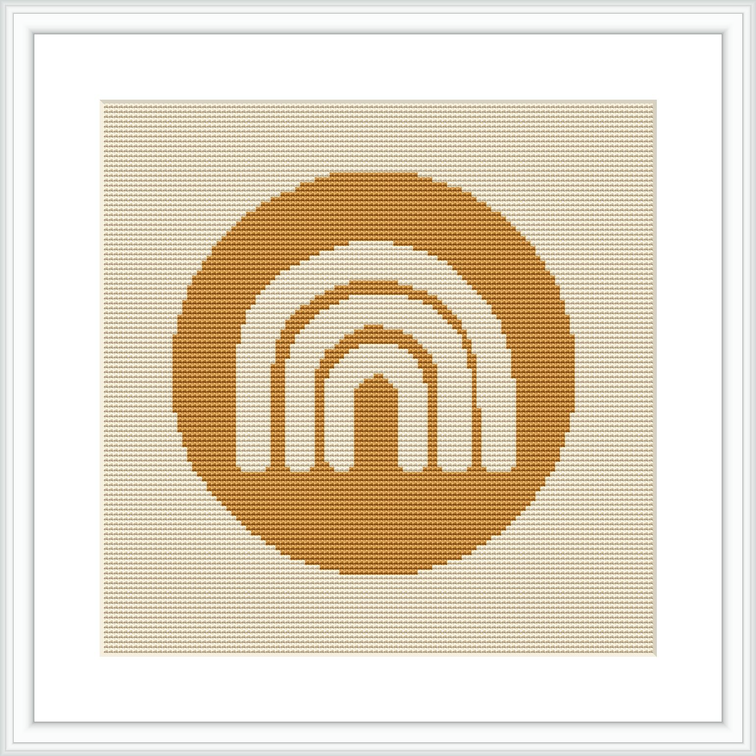 The image showcases a cross stitch pattern of geometric arches resembling a sunset, framed in white, against a solid beige background. Positioned centrally, the arches progress inward with shades of brown and yellow.